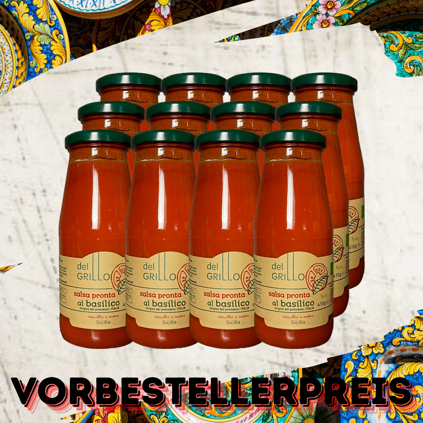 Salsa pronta al Basilico biologica 12 x 410g neue Ernte (kochfertige Bio Tomaten-Basilikumsauce)