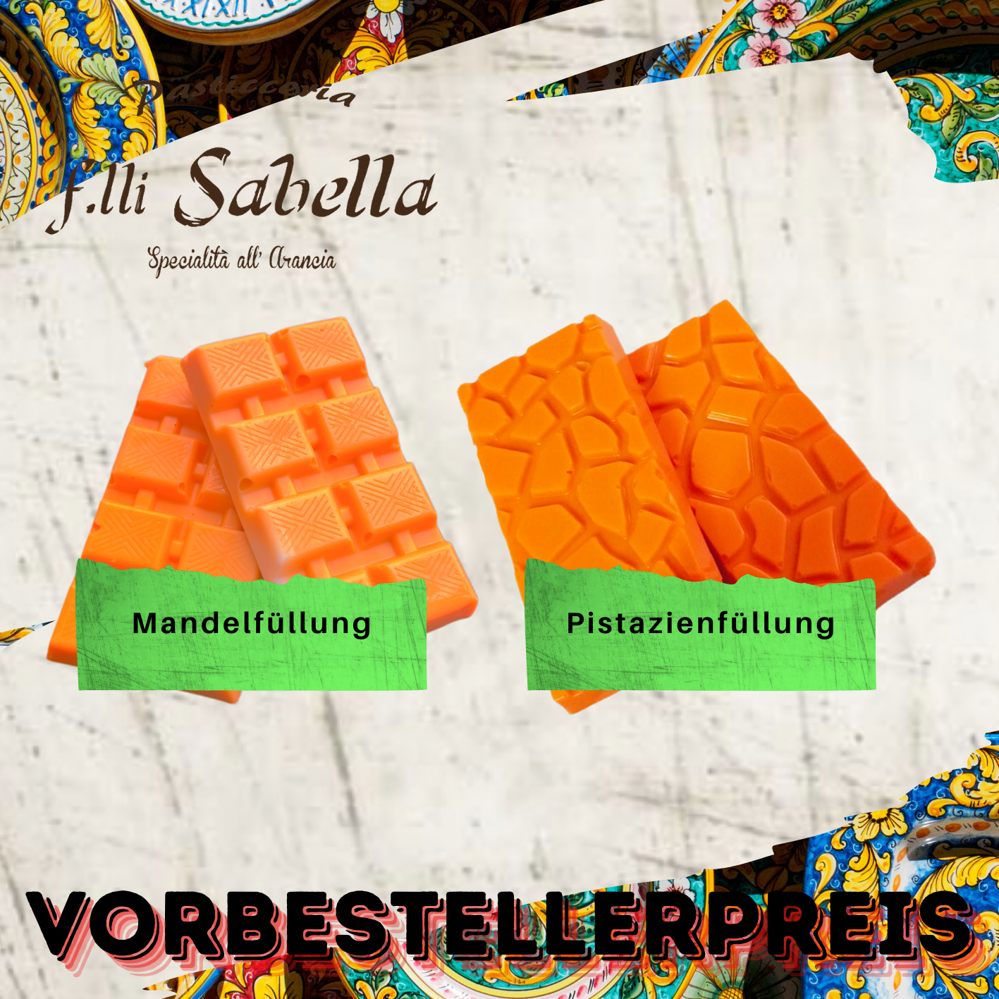 Cioccolato all’ Arancio ripieno Ca. 50-60g (Orangenschokolade mit einer Füllung Wahlweise aus Pistaziencreme oder Mandeln) - (51. KW)